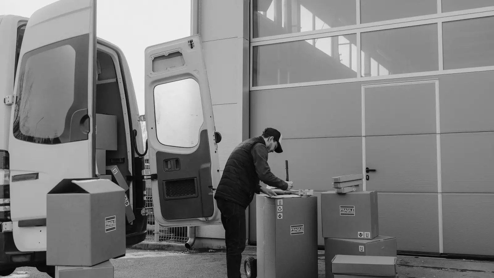 Courier using logistics tracking app on phone